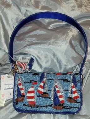 Handcrafted Blue Beaded Sailboat Shoulder Bag